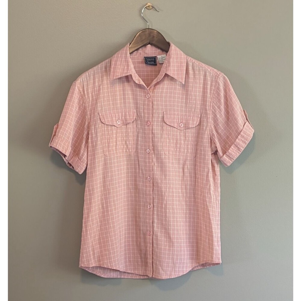 Laura Scott Shirt Small S Coral Pink Plaid Check Button Up 2 Pocket Utility Top